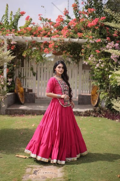 Exclusive Pink Kora Cotton Lehenga with Designer Kutchi Patchwork Blouse Navratri Lehnega Choli