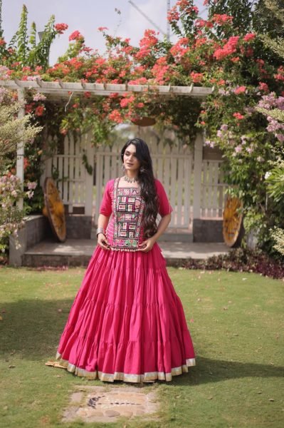 Exclusive Pink Kora Cotton Lehenga with Designer Kutchi Patchwork Blouse Navratri Lehnega Choli