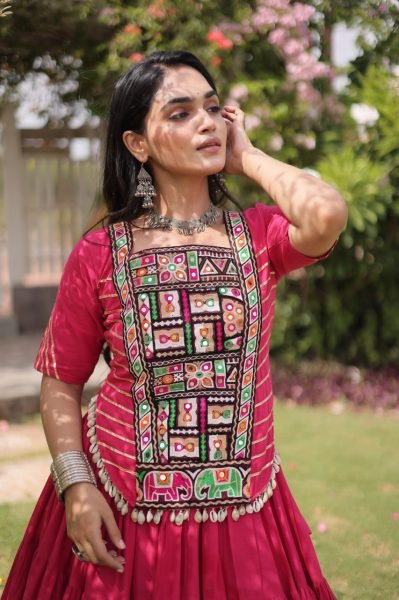 Exclusive Pink Kora Cotton Lehenga with Designer Kutchi Patchwork Blouse Navratri Lehnega Choli