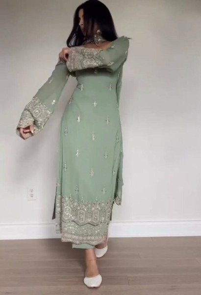 Exclusive Pista Green Fully Stitched Fox Georgette Embroidered Top Bottom Dupatta Set for Festive Wear  Straight Cut Long Kurtis