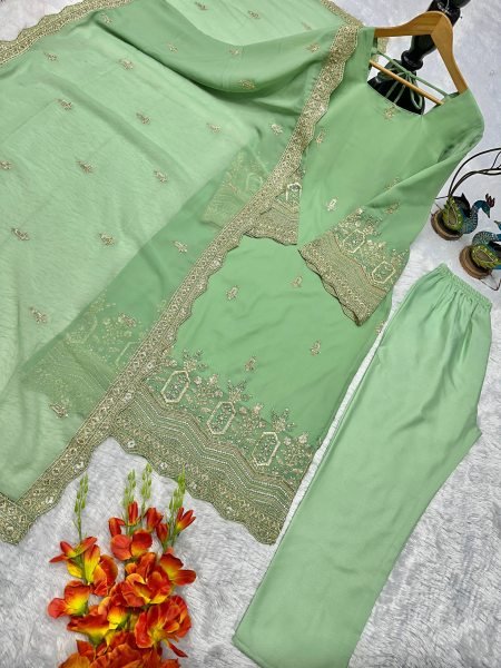 Exclusive Pista Green Fully Stitched Fox Georgette Embroidered Top Bottom Dupatta Set for Festive Wear  Straight Cut Long Kurtis