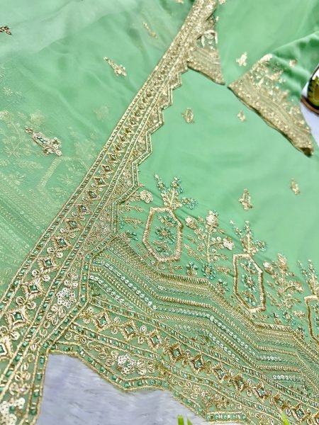 Exclusive Pista Green Fully Stitched Fox Georgette Embroidered Top Bottom Dupatta Set for Festive Wear  Straight Cut Long Kurtis