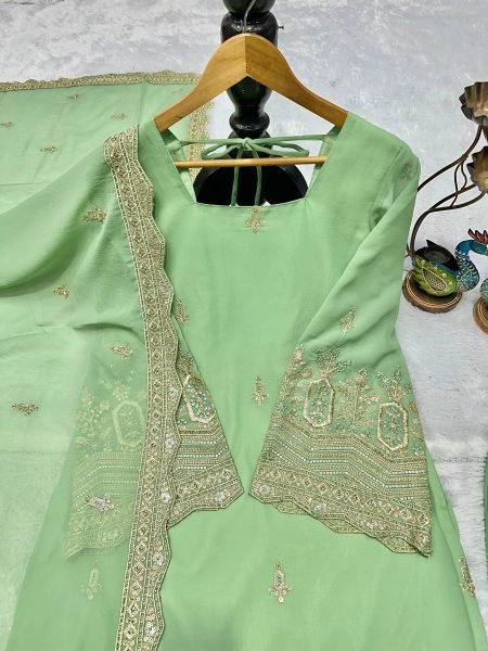 Exclusive Pista Green Fully Stitched Fox Georgette Embroidered Top Bottom Dupatta Set for Festive Wear  Straight Cut Long Kurtis