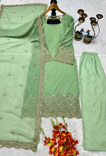 Exclusive Pista Green Fully Stitched Fox Georgette Embroidered Top Bottom Dupatta Set for Festive Wear  Straight Cut Long Kurtis