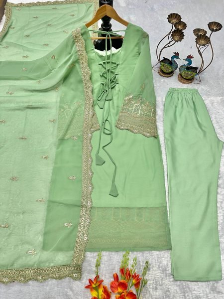 Exclusive Pista Green Fully Stitched Fox Georgette Embroidered Top Bottom Dupatta Set for Festive Wear  Straight Cut Long Kurtis