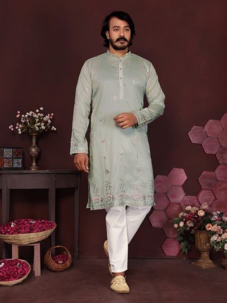 Exclusive Pista Men’s Smart Silk Kurta Pyjama Set with Embroidery Work For Festival 