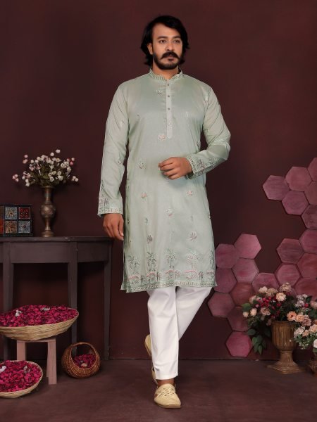 Exclusive Pista Men’s Smart Silk Kurta Pyjama Set with Embroidery Work For Festival Kurta Pajama Wholesale