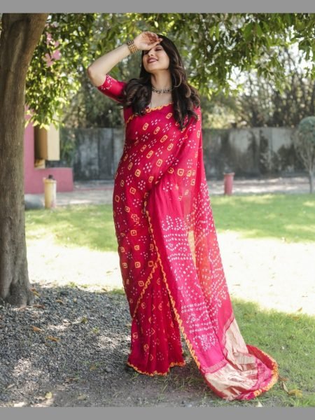 Exclusive Pure Bandhej silk saree  with Zari Weaving  Bandhej Sarees Wholesale