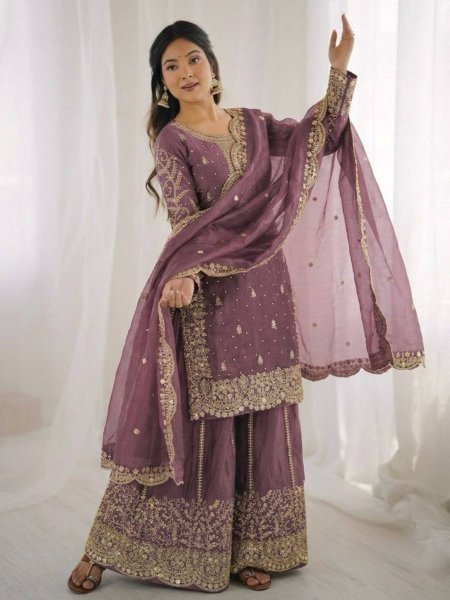 Exclusive Purple Fendy Silk Palazzo Suit with Sequins Work for Party Wear Ready To Wear Suit