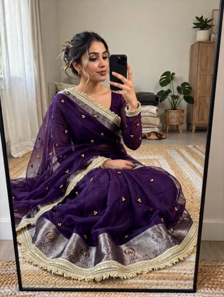 Exclusive Purple Organza Silk Saree with Banarasi Border and Embroidery Lace Silk Sarees Wholesale
