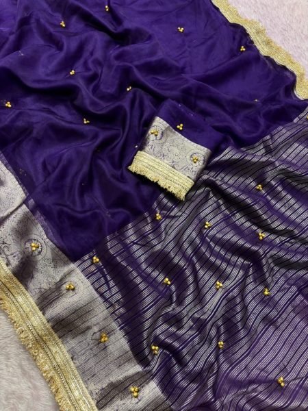 Exclusive Purple Organza Silk Saree with Banarasi Border and Embroidery Lace Silk Sarees Wholesale