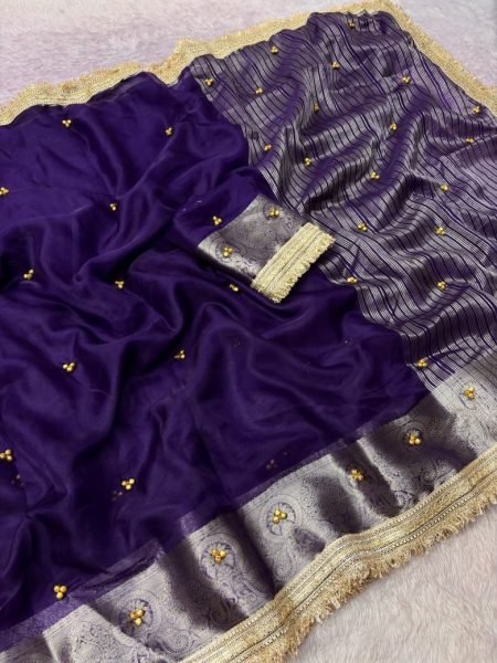 Exclusive Purple Organza Silk Saree with Banarasi Border and Embroidery Lace Silk Sarees Wholesale