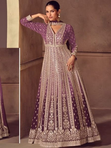Exclusive Purple Real Chinon Top with Front and Back Embroidery Work for Festival Salwar Kameez
