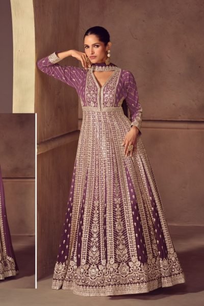 Exclusive Purple Real Chinon Top with Front and Back Embroidery Work for Festival Anarakali Gown Wholesale
