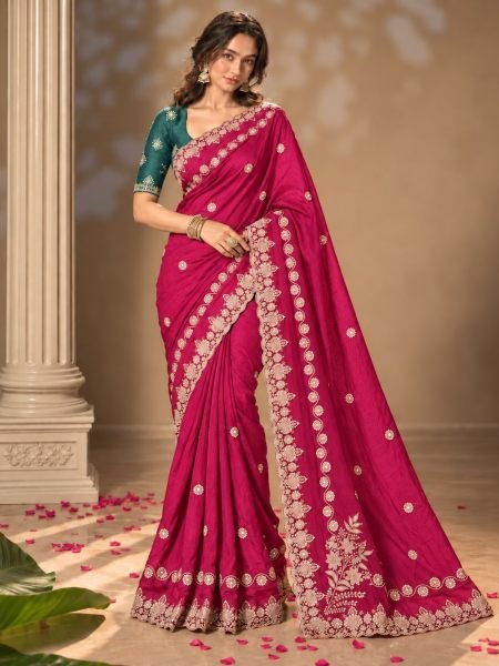 Exclusive Rani Pink Premium Chinon Silk Saree with Bhungali Embroidery Work Sarees 