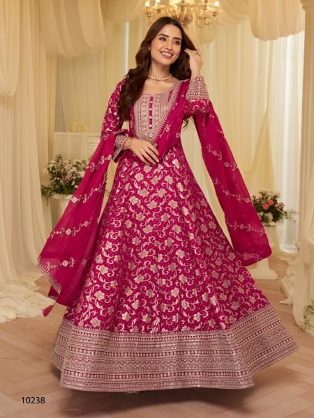 Exclusive Rani Pink Viscose Jacquard Silk Top with Dupatta and Sequins Work Anarakali Gown Wholesale