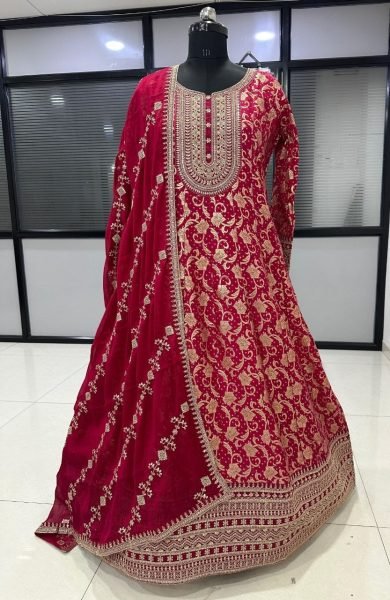 Exclusive Rani Pink Viscose Jacquard Silk Top with Dupatta and Sequins Work Anarakali Gown Wholesale