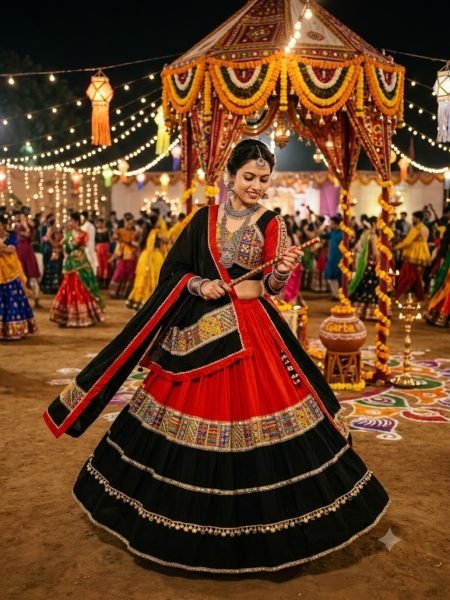 Exclusive Red Black Pure Cotton Navratri Lehenga Choli with Real Mirror Work for Navratri  Lehenga