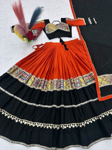 Exclusive Red Black Pure Cotton Navratri Lehenga Choli with Real Mirror Work for Navratri Navratri Lehnega Choli