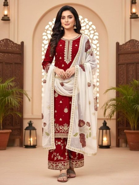 Exclusive Red Embroidered Top and Plazo Suit with Digital Print Dupatta for Designer Look Kurtis