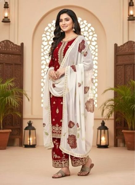 Exclusive Red Embroidered Top and Plazo Suit with Digital Print Dupatta for Designer Look Embroidery Kurtis 