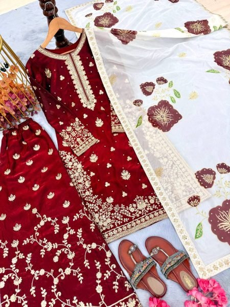 Exclusive Red Embroidered Top and Plazo Suit with Digital Print Dupatta for Designer Look Embroidery Kurtis 