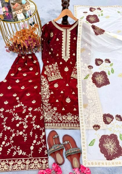 Exclusive Red Embroidered Top and Plazo Suit with Digital Print Dupatta for Designer Look Embroidery Kurtis 