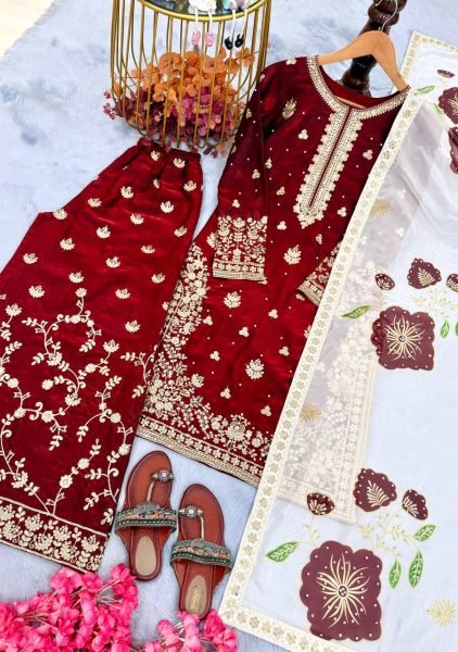 Exclusive Red Embroidered Top and Plazo Suit with Digital Print Dupatta for Designer Look Embroidery Kurtis 