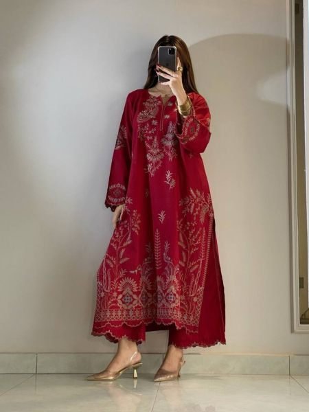 Exclusive Red Mul Chanderi Embroidery Work Palazzo Suit Set for Festival Ready To Wear Suit