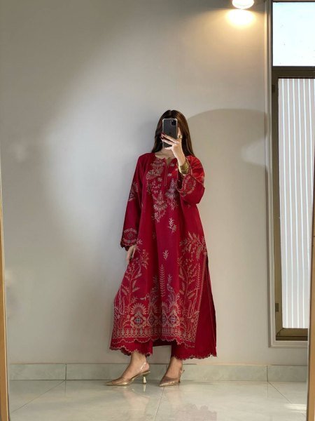 Exclusive Red Mul Chanderi Embroidery Work Palazzo Suit Set for Festival Ready To Wear Collection