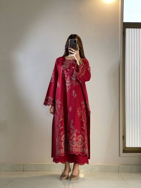 Exclusive Red Mul Chanderi Embroidery Work Palazzo Suit Set for Festival Ready To Wear Collection