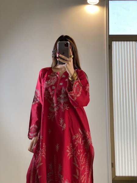 Exclusive Red Mul Chanderi Embroidery Work Palazzo Suit Set for Festival Ready To Wear Collection