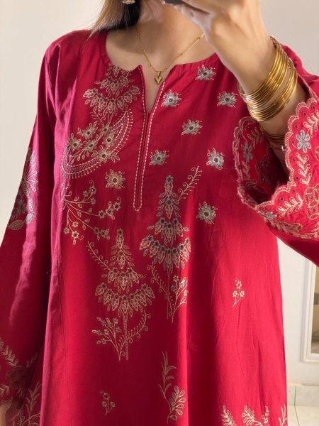 Exclusive Red Mul Chanderi Embroidery Work Palazzo Suit Set for Festival Ready To Wear Collection