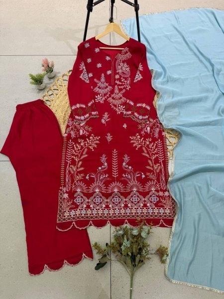 Exclusive Red Mul Chanderi Embroidery Work Palazzo Suit Set for Festival Ready To Wear Collection
