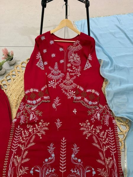 Exclusive Red Mul Chanderi Embroidery Work Palazzo Suit Set for Festival Ready To Wear Collection