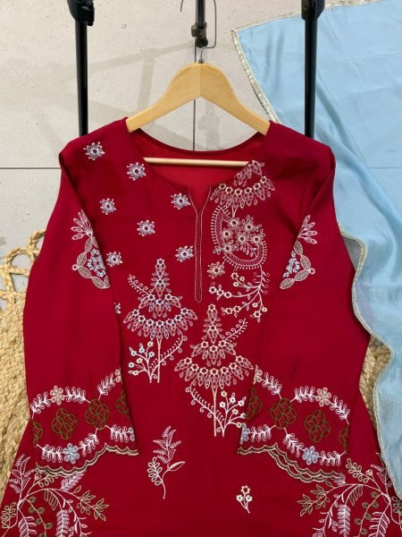 Exclusive Red Mul Chanderi Embroidery Work Palazzo Suit Set for Festival Ready To Wear Collection