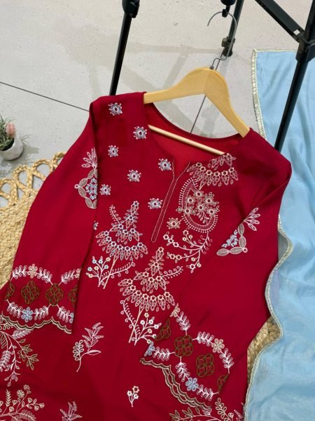 Exclusive Red Mul Chanderi Embroidery Work Palazzo Suit Set for Festival Ready To Wear Collection