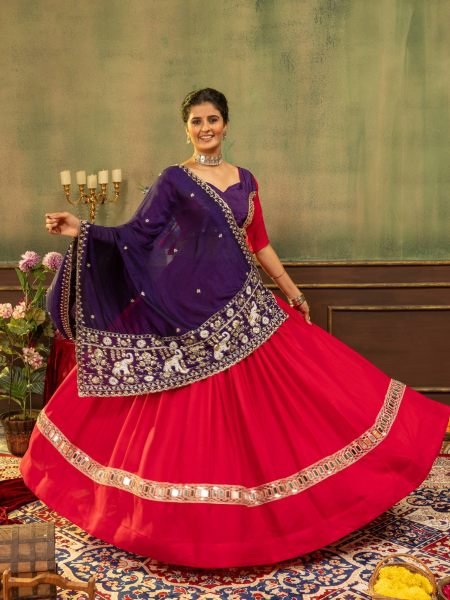 Exclusive Red Navratri Pure Rayon Lehenga Choli with Vichitra Silk Beads Dupatta at Manufacturer  