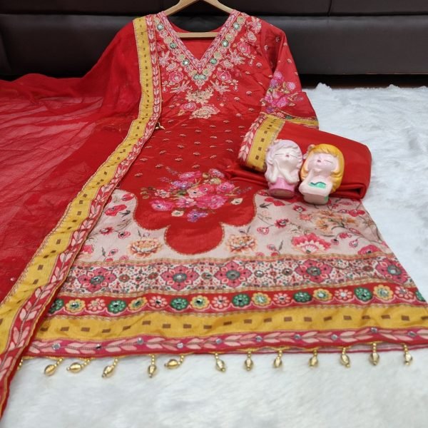 Exclusive Red Original Mirror Work Kurti Suit Set With Dupatta at Manufacturer Price Printed Kurtis