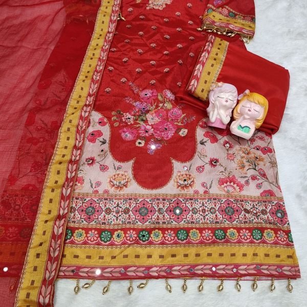 Exclusive Red Original Mirror Work Kurti Suit Set With Dupatta at Manufacturer Price Printed Kurtis