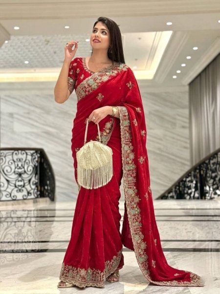 Exclusive Red Space Silk Saree with Zarkan Work and Mono Slub Silk Blouse Sarees 
