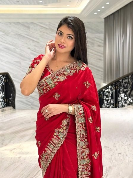 Exclusive Red Space Silk Saree with Zarkan Work and Mono Slub Silk Blouse Designer Wedding Sarees Wholesale