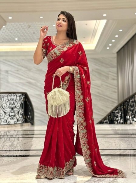 Exclusive Red Space Silk Saree with Zarkan Work and Mono Slub Silk Blouse Designer Wedding Sarees Wholesale