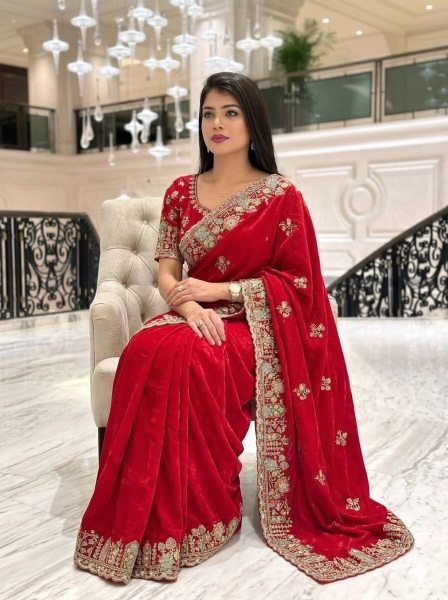 Exclusive Red Space Silk Saree with Zarkan Work and Mono Slub Silk Blouse Designer Wedding Sarees Wholesale