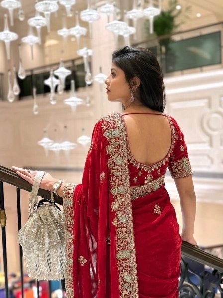 Exclusive Red Space Silk Saree with Zarkan Work and Mono Slub Silk Blouse Designer Wedding Sarees Wholesale