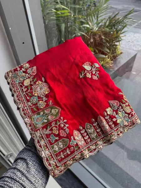 Exclusive Red Space Silk Saree with Zarkan Work and Mono Slub Silk Blouse Designer Wedding Sarees Wholesale