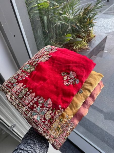 Exclusive Red Space Silk Saree with Zarkan Work and Mono Slub Silk Blouse Designer Wedding Sarees Wholesale