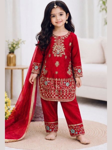 Exclusive Red Stylish Girls Silk Palazzo Set with Dupatta for Wedding and Party Wear Kurtis