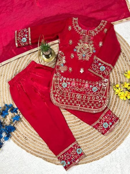 Exclusive Red Stylish Girls Silk Palazzo Set with Dupatta for Wedding and Party Wear Girls Wear
