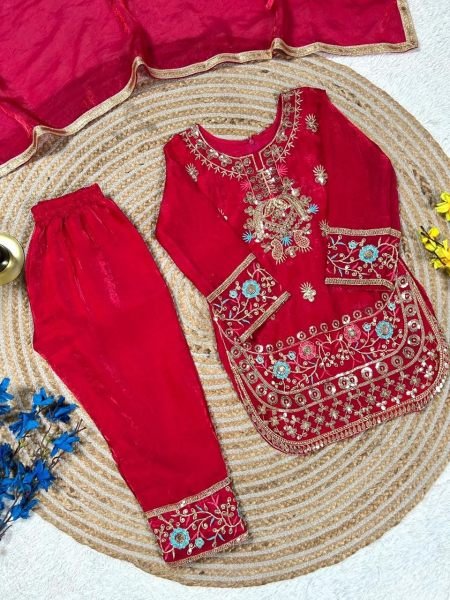 Exclusive Red Stylish Girls Silk Palazzo Set with Dupatta for Wedding and Party Wear Girls Wear